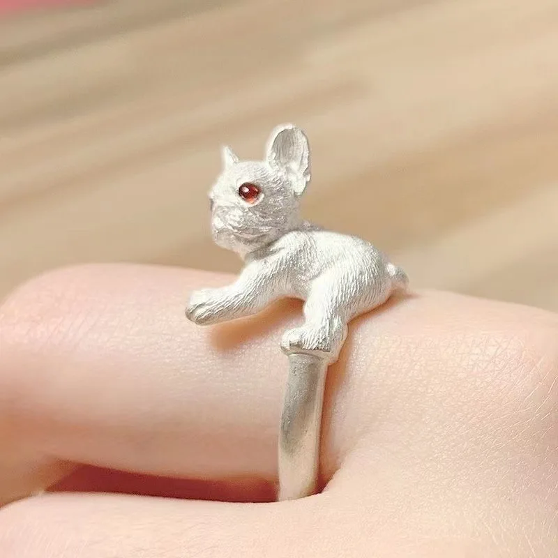 Cute Red Eye French Bulldog Puppy Open Rings for Men Women Adjustable Animal Ring Party Jewelry Fashion Accessories Gifts