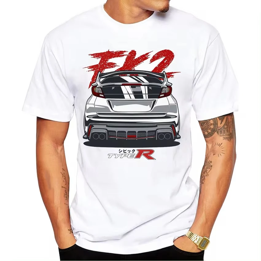 Classic Civic Type R T-shirt, new summer men\'s short sleeved Jdm Legends printed T-shirt, hip-hop boy casual top, sports car whi