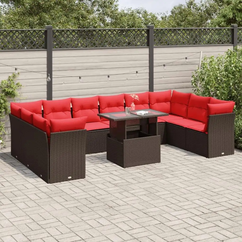 

11 Piece Outdoor Patio Sofa Set with Cushions Brown Wicker Rattan Living Room Furniture