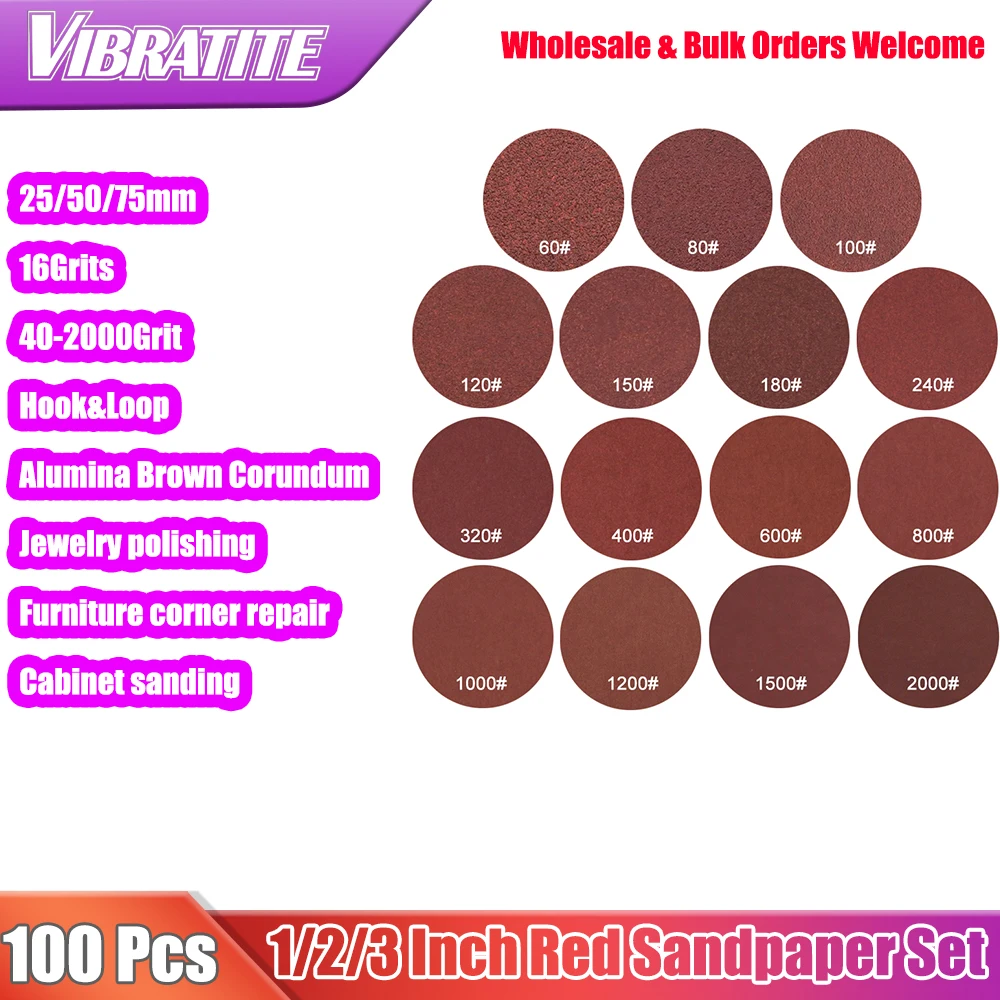100Pcs 1/2/3 Inch Hook Loop Sanding Discs 25/50/75mm Red Aluminum Oxide Sandpaper 40#-2000# Abrasive Sand Disc for Wood Metal