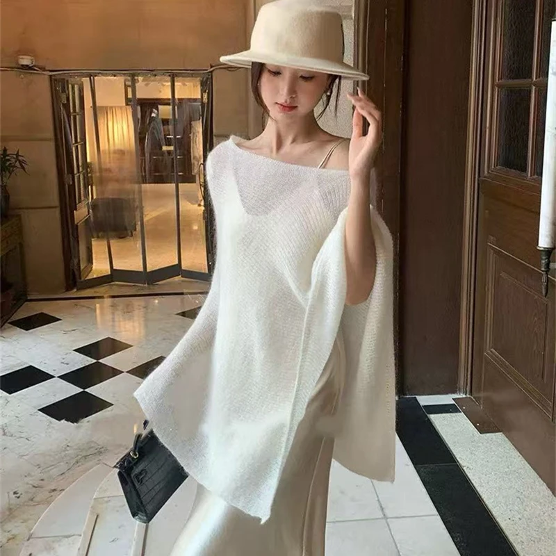 Irregular Loose Fashion Knitted Cover Up Solid Color Off Shoulder Blouses Sheer Casual Poncho Top Knitwaer Cape Blouse Elegant