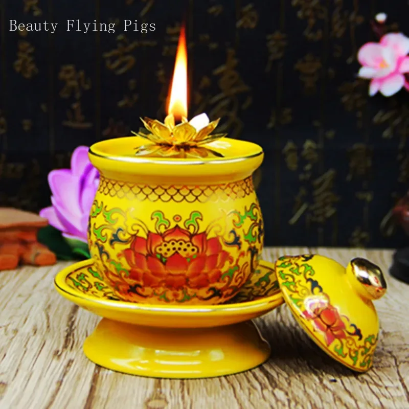 Traditional Buddha Lotus Oil Lamp Buddha Hall Ceramic Butter Lamp Home Feng Shui Offering Ornaments Buddhist Decoration Supplies