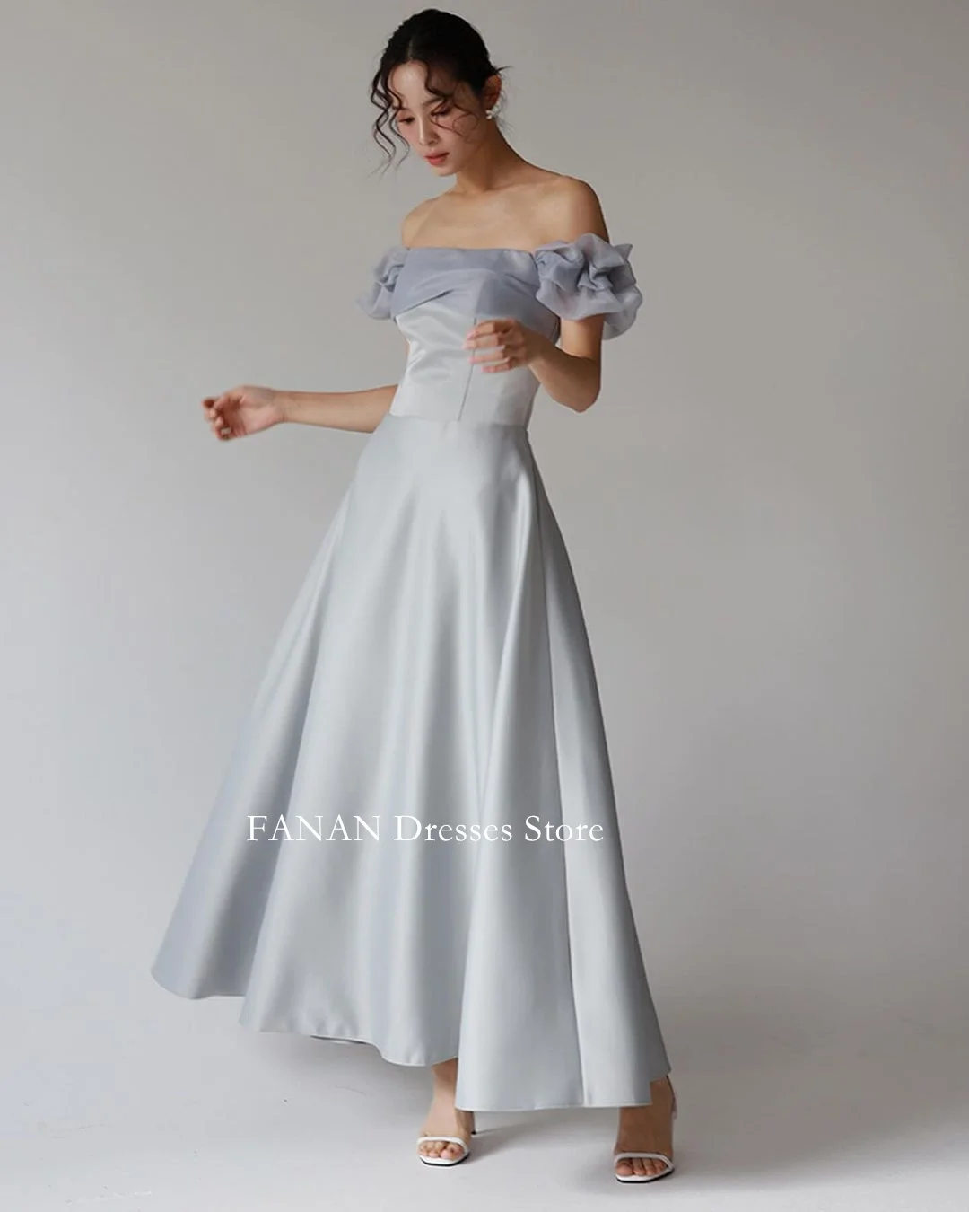 FANAN Off the Shoulder Sky Blue Evening Party Dresses Ruffles Korea Elegant Wedding Women  Gowns Event Prom Gowns Customized