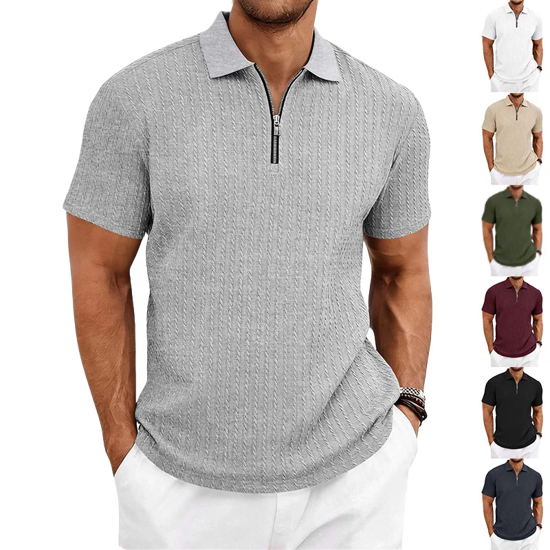 Polo de Manga Corta con Cuello con Cremallera, Texturizado, Casual de Negocios, para Hombre, Transpirable y que Absorbe la Humedad