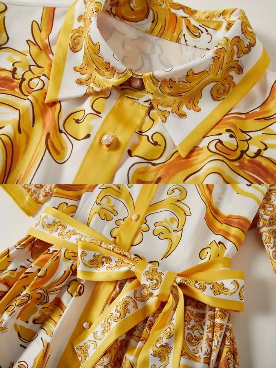 Letnia Sukienka Koszulowa w Żółto-Białą Porcelanę z Nadrukiem, Damska Sukienka Midi na Imprezę z Kołnierzykiem, Perłami, Guzikami i Sznurowanym Paskiem