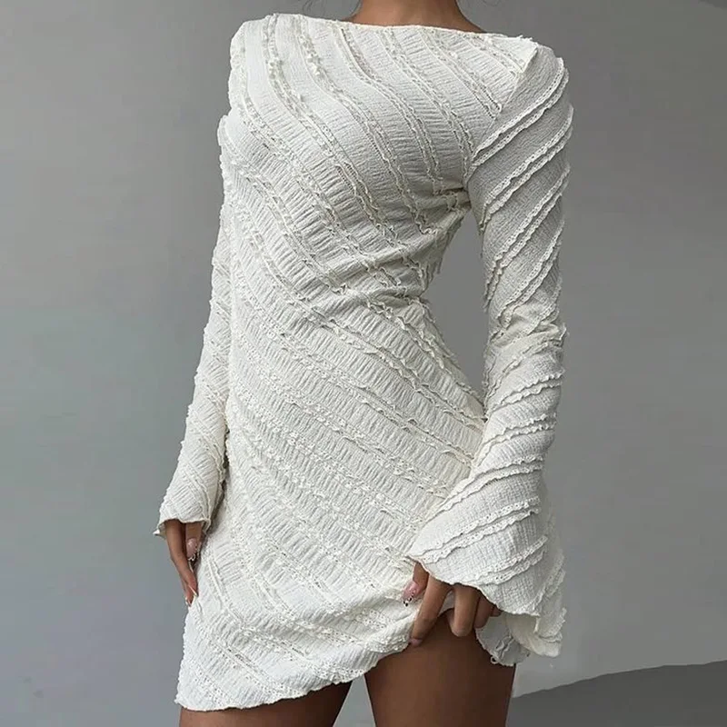 Women's New White Knitting Dress Boat Neck A Line Mini Long Sleeve Backless Dress Open Back Lace Up Elegant Dress