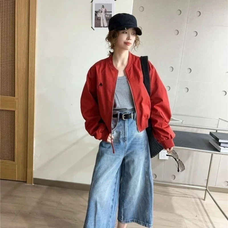 

American Retro Baseball Jacket with Embroidery 2025 New Short Windbreaker Coat for Petite Women Casual Streetwear​