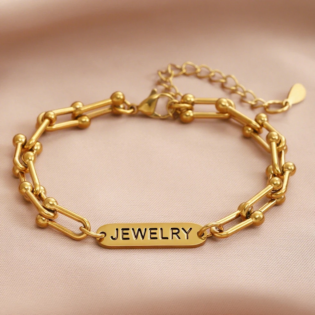 

Personalize Custom Engraved Bracelet For Women Men U-Shaped Stainless Steel 18K Gold Plated Chain Bracelet Jewelry Birthday Gift