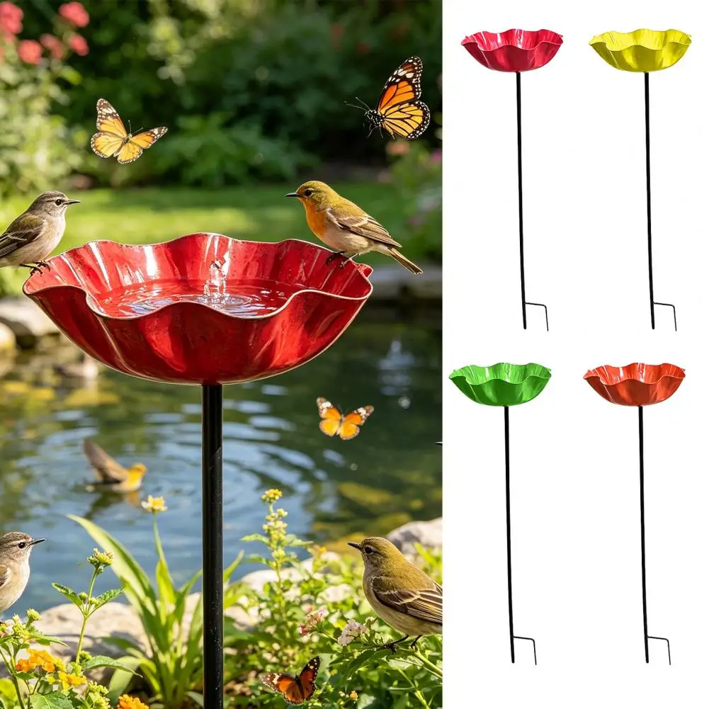 Handmade Metal Bird Feeder Garden Stake With Pollinator Water Station & Bird Bath Flower Design Outdoor Decor