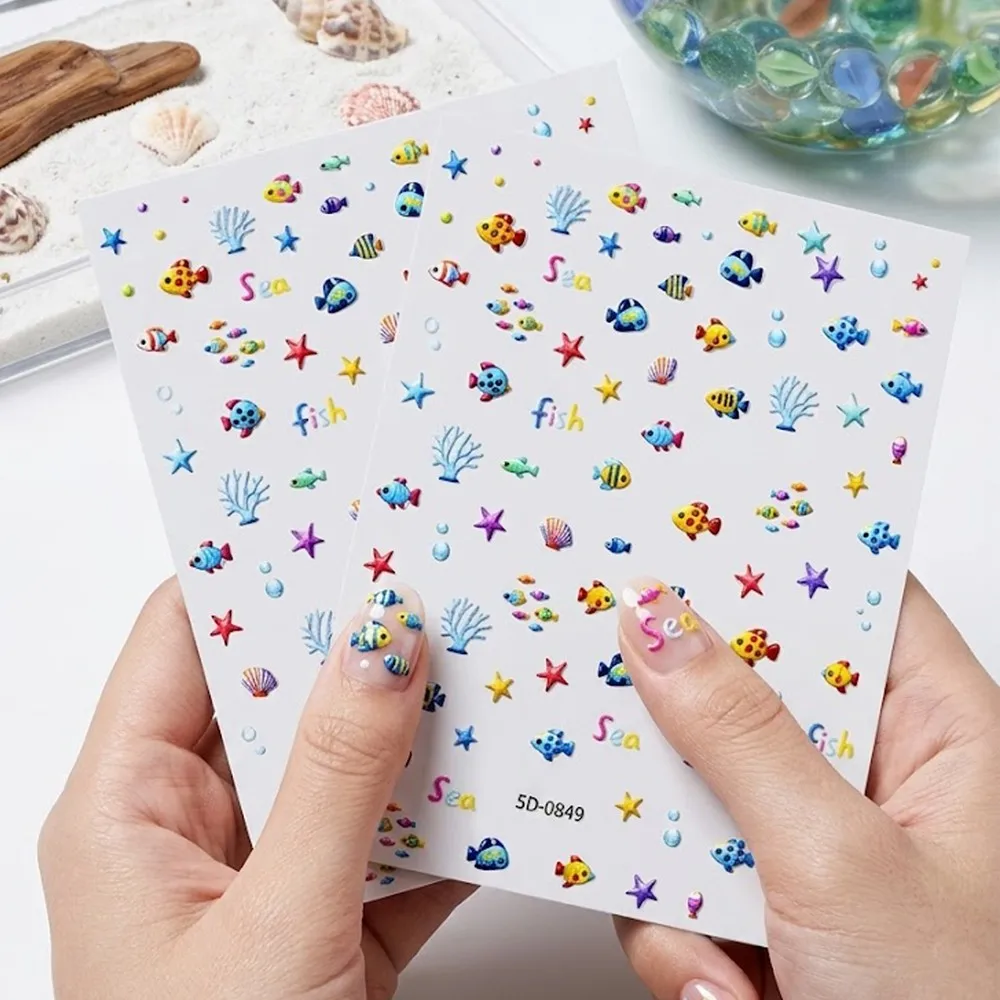 2Pcs 5D Embossed Ocean Nail Art Sticker Cute Fish & Starfish Coral Shell Nail Decals Self-Adhesive Summer Beach Manicure Sliders