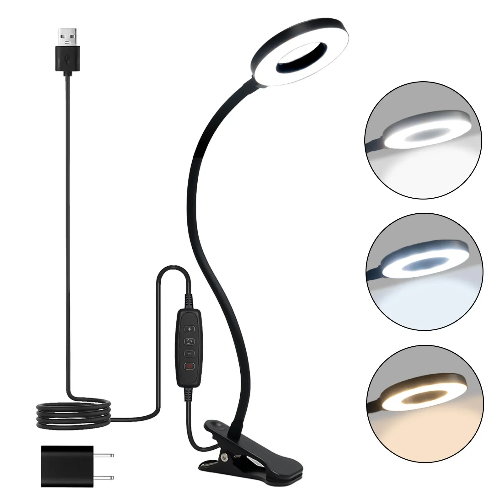 

LED clamp lamp reading lamp bed 3 color temperatures 10 brightness levels & stepless dimming 360° flexible clamp ring desk lamp