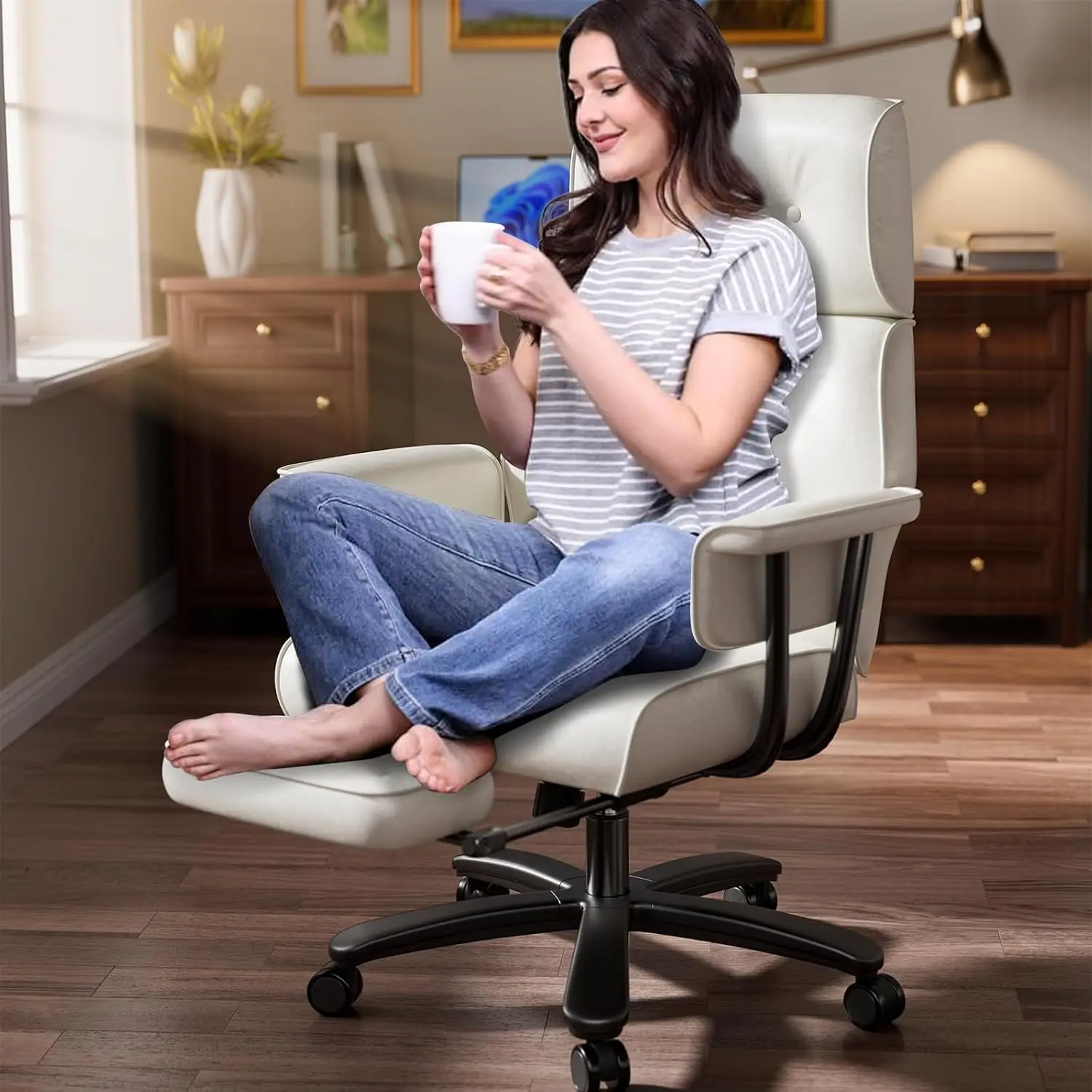 Reclining Criss Cross Office Chair with Wheels & Arms, White | Button-tufted PU leather; retractable footrest; 400, Customized