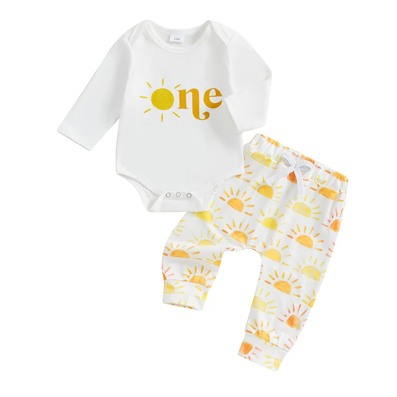 Baby Boys 2PCS Birthday Outfit Long Sleeve Crew Neck Letter Sun Print Romper Drawstring Pants Sets