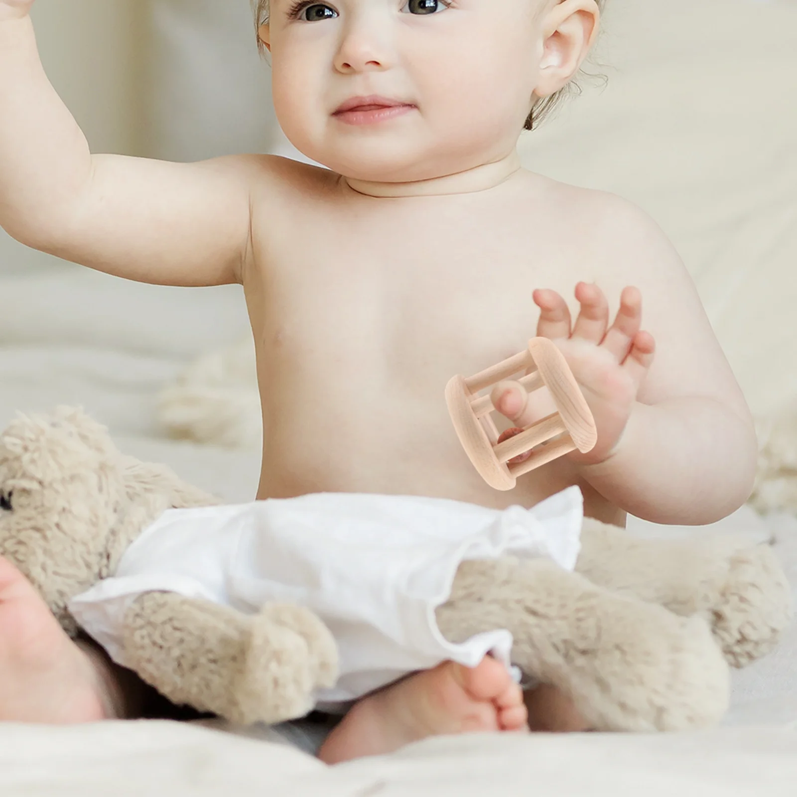 Rolo de chocalho de madeira, superfície lisa, sem rebarbas, seguro para o bebê, capacidade de exploração, presente de aniversário de natal, 1 peça