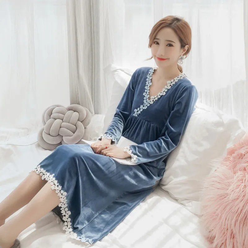 Autumn Nightgown Women Velvet Fleece Long Sleeve Winter Elegant Sleepdress Nightdress Casual Home Clothes Sleepwear Plus Size 5x