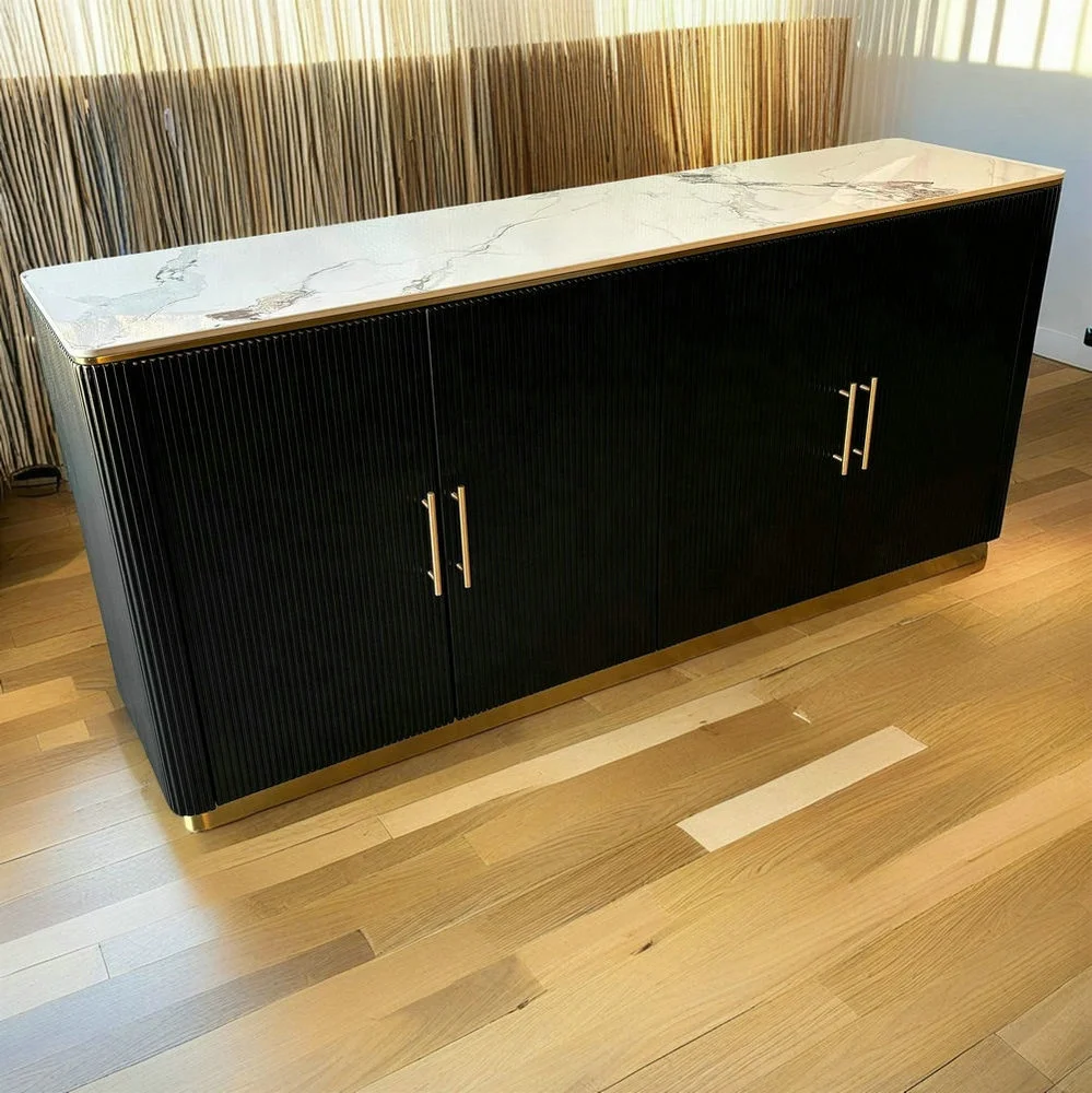 Luxury Dining Room Furniture Golden Stainless Steel Black Wooden Frame Cabinet Sintered 180cm Buffet Table