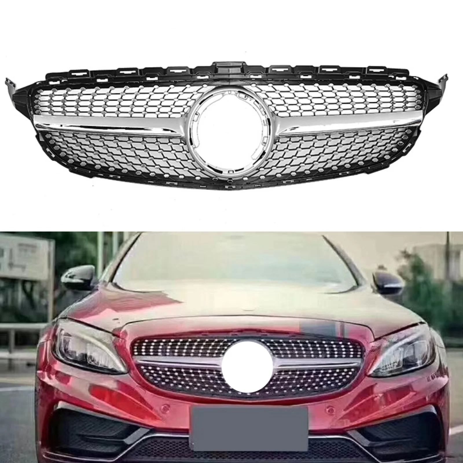 1pc Front Grille For Mercedes Benz W205 C200 C250 C300 C350 2019 Diamond Style