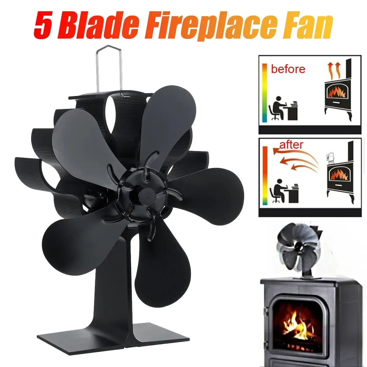 5-Blade Heat Powered Stove Fan for Wood Log Burner Fireplace Quiet Environmental Fan Heater Tool Efficient Heat Distribution