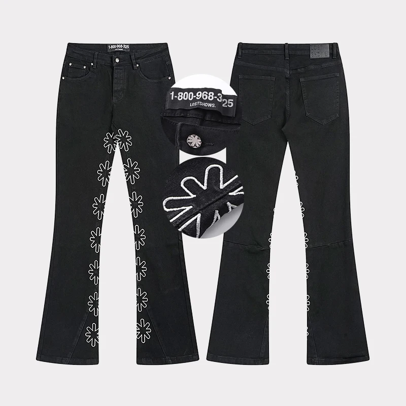 Pantalones vaqueros elásticos micro acampanados para hombre, ropa informal vaquera de retazos, moda de gran tamaño, bordado ahuecado, flor, JEANS SHDWS LOST