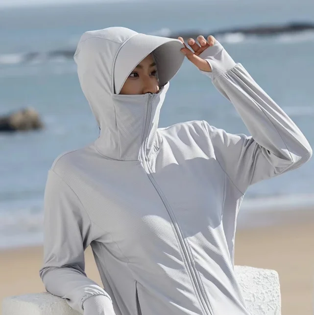 Jaket tabir surya untuk pria dan wanita, pakaian sutra es Ultra tipis bertudung Anti ultraviolet cepat kering bernapas musim panas