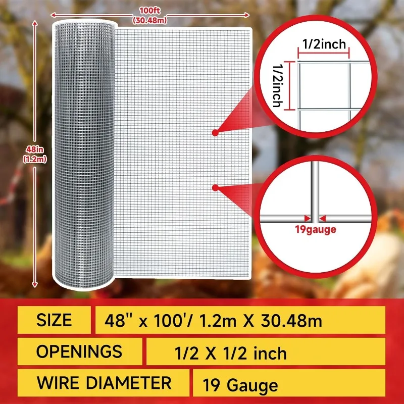 Hardware Cloth,1/2inch 48inx100ft 19 Gauge,Double-Layer Hot-Dip Galvanizing After Welding,Chicken Wire Fence Wire Mesh Fence Pou image 2