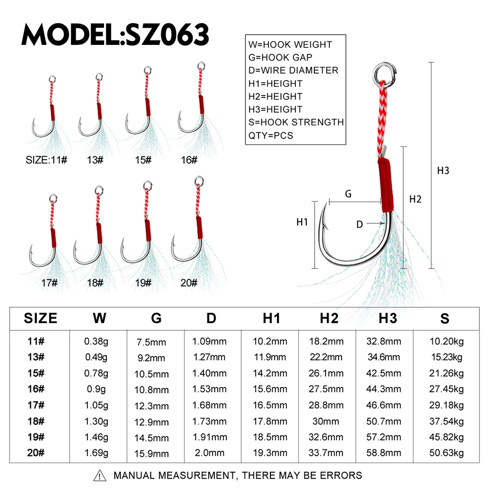 PROBEROS 10PCS Metal Jig Assist Hooks 11-20# With PE Line Feather Solid Ring Jigging Tail Fishhook for Lure Fishing Hooks