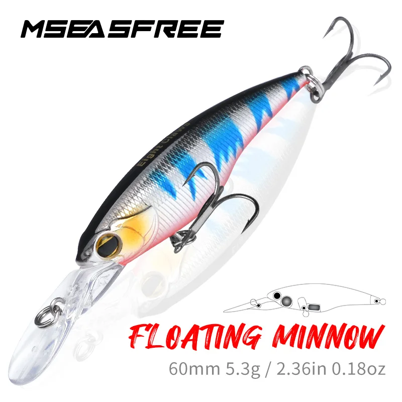 MSEASFREE 60mm 5.3g Rattle Floating Minnow Wobblers Artificial Hard Baits Propbait For Trout Perch Fishing Lure Strengthen Hooks