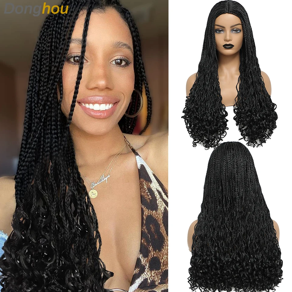 26 Inches Long Braided Wigs Goddess Box Braid Wig With Curly End Boho Braids Wig Fake Scalp Heat Resistant Synthetic Braids Wig