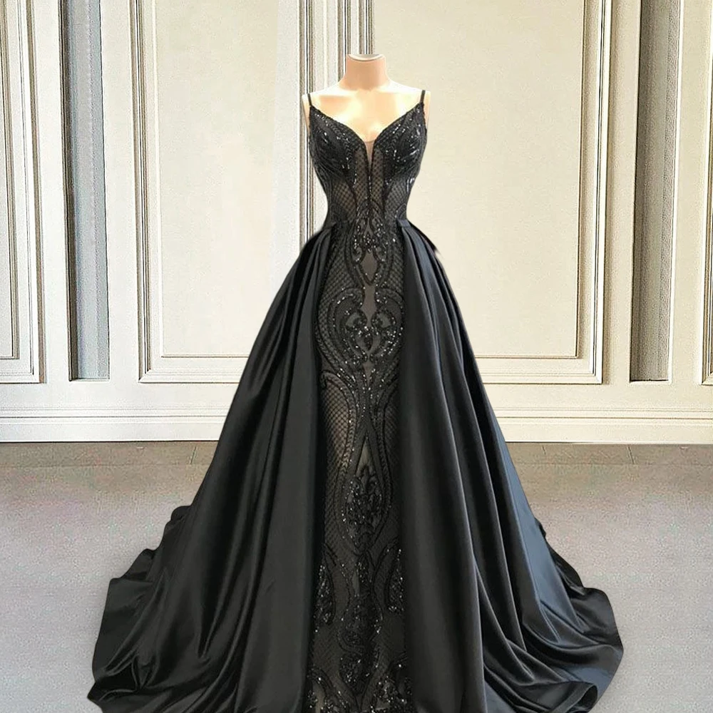 Robe de soirée noire à paillettes pour femmes arabes saoudiennes, robe de Rhformelle, robe de sirène avec poignées, jupe amovible, longue et luxueuse, quoi que ce soit, 2022