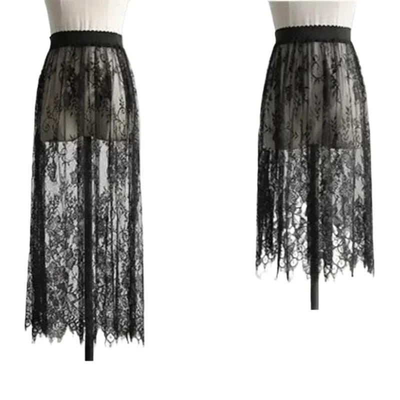 Ladies Elastic High Waist Elegant Black White Lace Tulle Skirt 2 Length Options Transparent Long Midi Beach Skirt for Summer