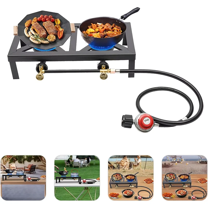 Estufa de Gas Portátil para Acampar, Estufa de Propano para Exteriores con 2 Quemadores para Barbacoa y Picnic, con Manguera Reguladora Ajustable de 0-10 Psi