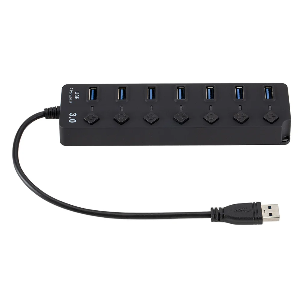 Hub 7 puertos Usb 3.0 Divisor de velocidad de puerto USB alto con interruptores individuales para computadora portátil Pc Tablet Teléfono Negro