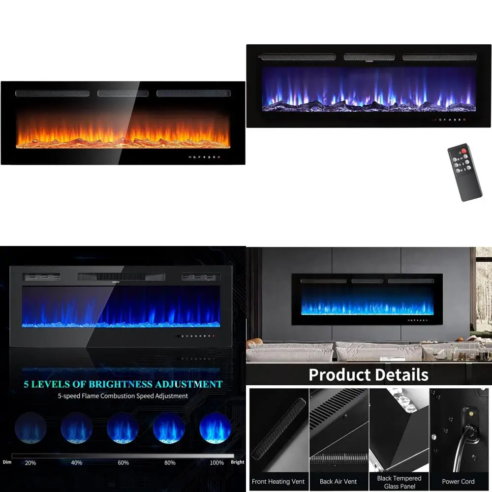 

50 Recessed/Wall-Mounted Electric Fireplace with Remote, Timer, 12 Color Options
