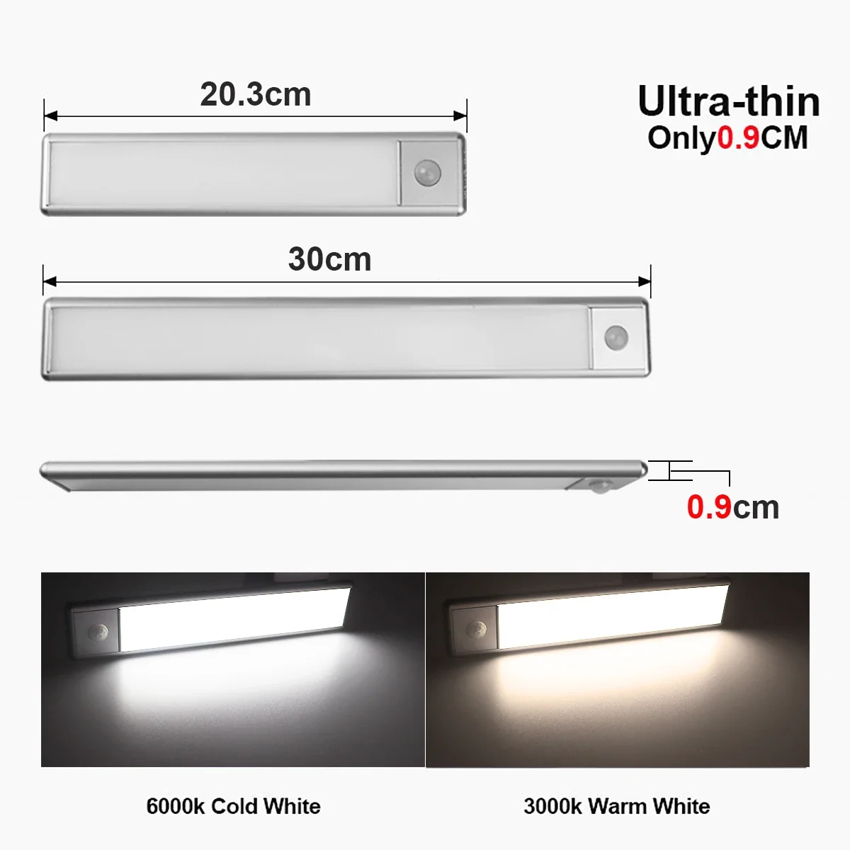 LED 야간 조명 PIR 모션 센서 주방 캐비닛 아래 조명, 충전식 옷장 옷장 램프, 알루미늄 야간 조명, 20 cm, 30cm