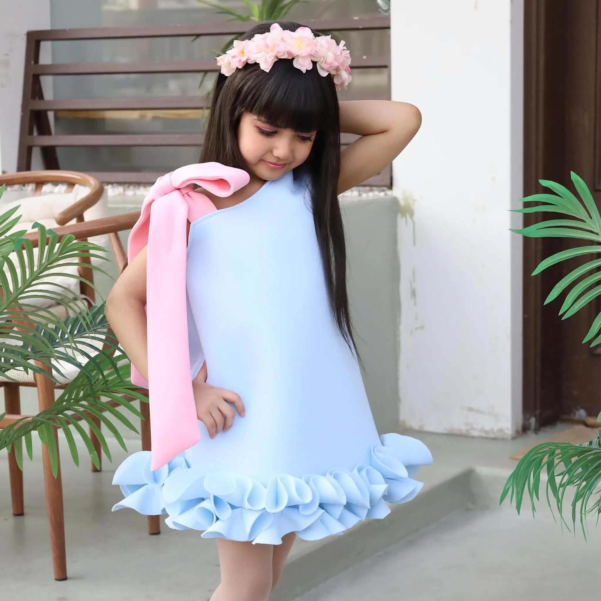 

Blue Lovely Baby Flower Girl Dress Sleeveless Pink Bow Shoulders Princess Elegant Appliques For Girl Birthday Party Dresses