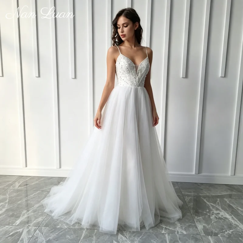 26 Elegant Sweep Train A Line Wedding Dress Spaghetti Beaded Strap Deep V Fully Rhinestone Bodice Vestidos de Novia Customized
