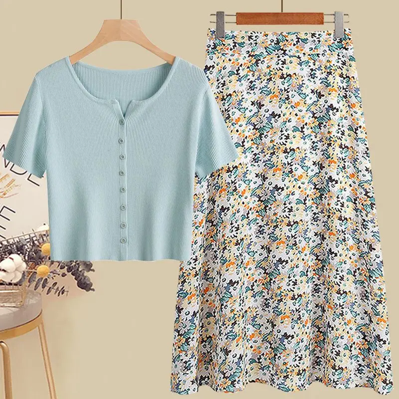 Women's Clothing Summer Suit 2023 New Fashionable Short Sleeve Top Girl's Slim Fragmented Blossom Half Dress Two Piece Set