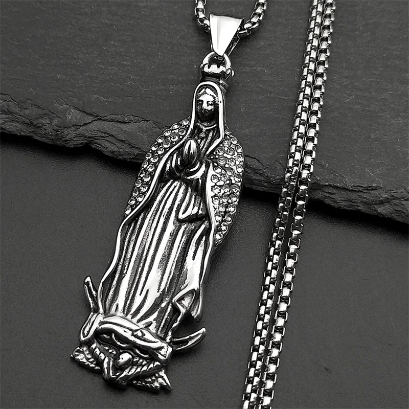 Katholische Jungfrau Maria Strass Anhänger Halskette für Frauen Männer Edelstahl Gold Silber Farbe Guadalupe Gebet Schmuck – Detail 4
