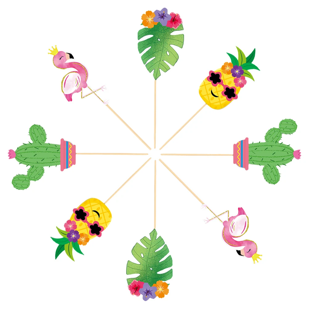 

8pcs Cake Insert Hawaiian Party Cupcake Toppers Paper Decorations Summer Picks Pineapple Cactus Flamingo Tropical Theme Dessert