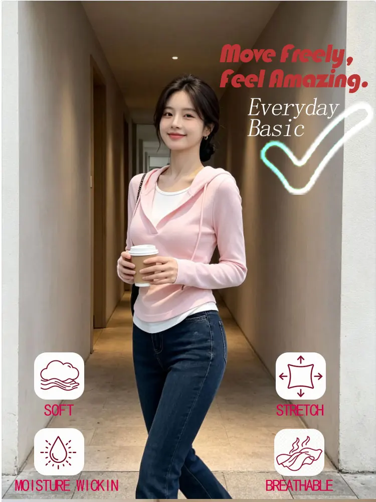Women's Long Sleeve Top, Gentle Style Relaxed Fit Pink Fake Two-piece Blouse, New Arrival Slim Waist Hooded Shirt for Girls