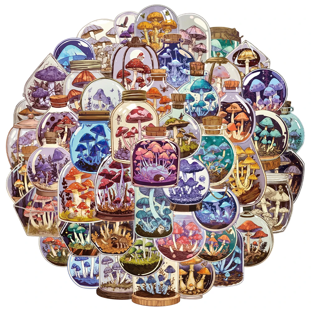 50PCS Creative Mushroom Bottle Cute Stickers Phone Case Decoration Notebook PET Transparent Material Personalized Stickers