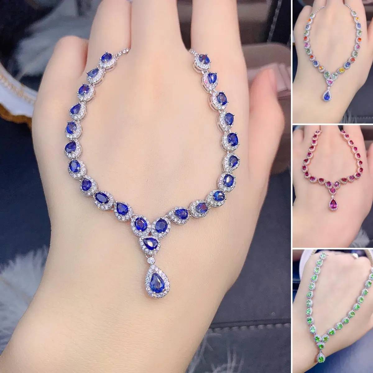 

FS Fashion 3*4 Natural Sapphire/Garnet/Tsavorite Luxury Necklace S925 Sterling Silver Fine Weddings Jewelry For Women MeiBaPJ