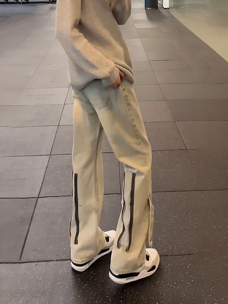 

Khaki Zipper Men's Jeans High Street Vibe Long Leg Effect Button Straight Leg Micro Flared Pants Autumn Winter Cotton Polyester