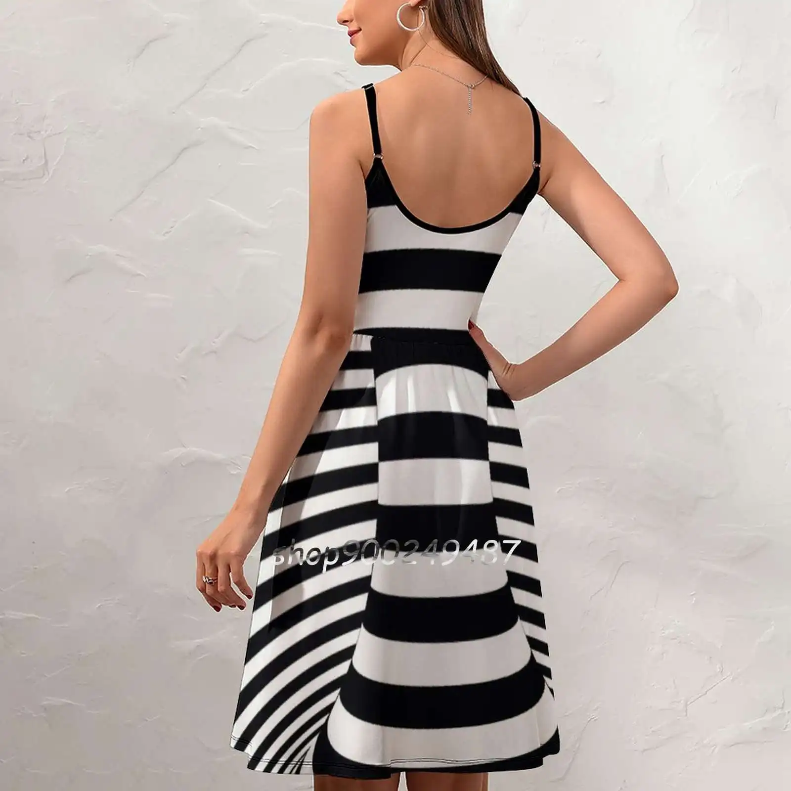 Optical Tornado Wind Sweet Summer Casual Sling Dresses Korean Women Sexy Sundress Abstract Black White Stripe Optical Illusion