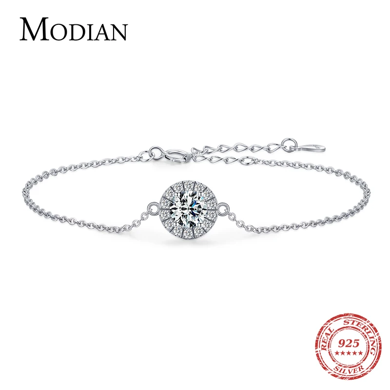 MODIAN Pure 925 Sterling Silver Luxury 1.0Ct Sparkling Clear CZ Link Chain Charm Bracelet For Women Wedding Engagement Jewelry