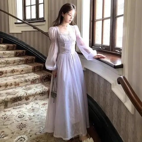 Elegant French Lace Purple Square Collar Long Dress Women's Waist Cinching Slimming Gentle Dress Full Sleeve Ankle Length