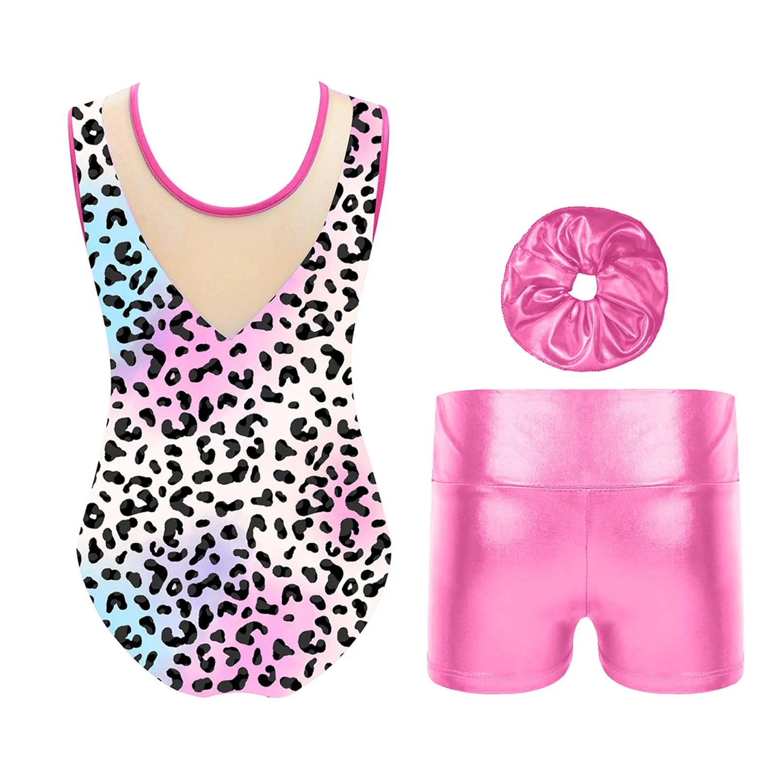 Set sportivo per bambina, body da ginnastica per balletto in rete trasparente senza maniche con pantaloncini, fascia per capelli per performance di allenamento di pattinaggio artistico
