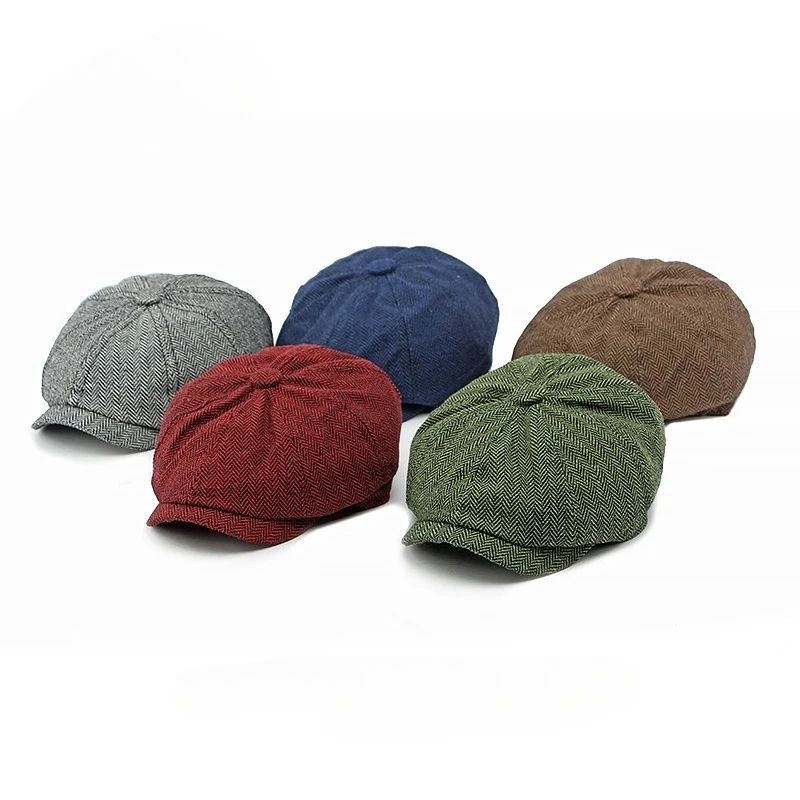 Autumn&Winter Herringbone Tweed Newsboy Hat Retro Ivy Flat Top Cap Men'S And Women'S Foldable Adjustable Short Brim Duckbill Hat
