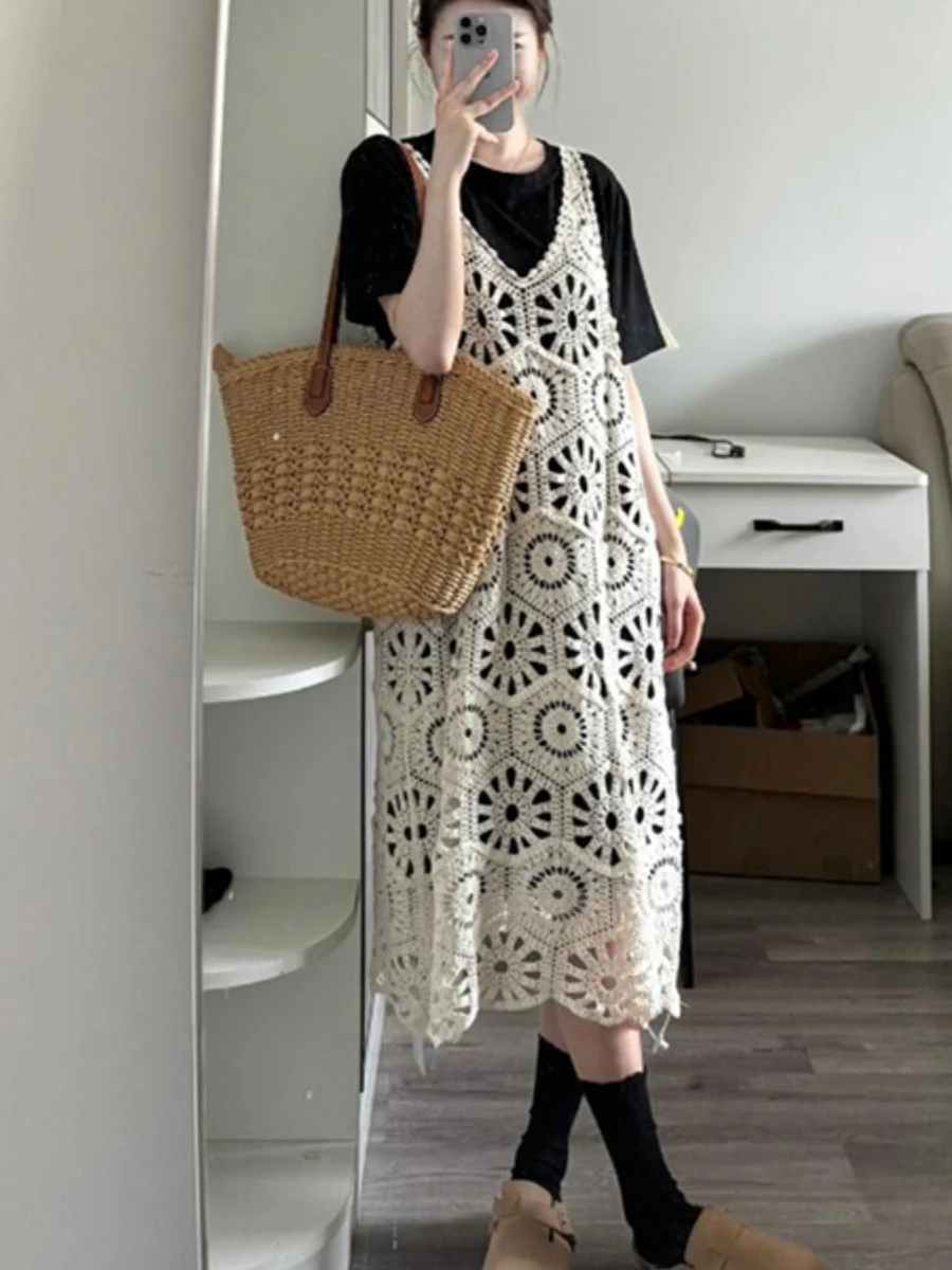 

Женский комплект из двух предметов больших размеров: футболка и платье свободного кроя с вырезами и длинными бретелями, удобный повседневный летний модный комплект