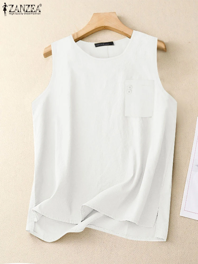 

2025 ZANZEA Women's Summer Tank Tops Fashion Sleeveless Cotton Blouse Casual Loose Solid Beach Camis Female Holiday Shirt Tees